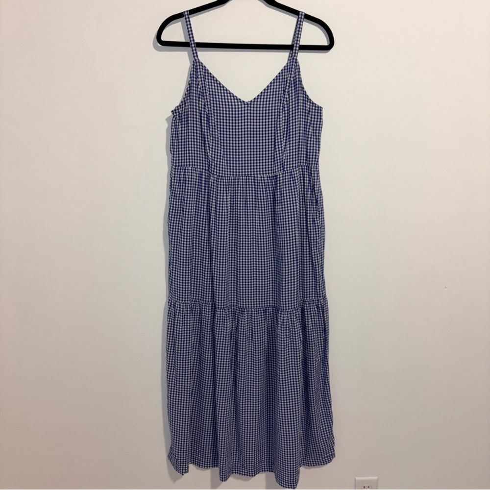 Old Navy Cami Dress Blue Gingham M Tiered Maxi Sundress Pockets Boho Country